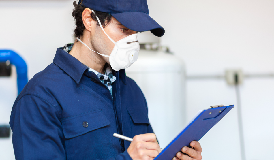 A worker wearing a facemask and holding a clipboard