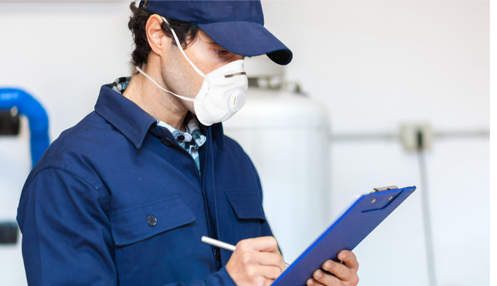 a worker wearing a facemask and holding a clipboard