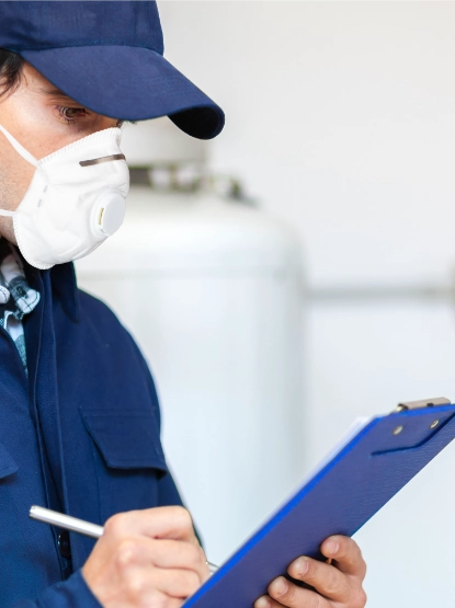 Tester wearing a hat and mask while completing a checklist on a blue clipboard