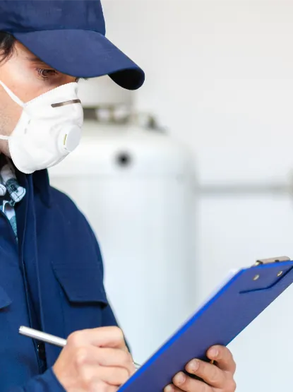 Tester wearing a hat and mask while completing a checklist on a blue clipboard